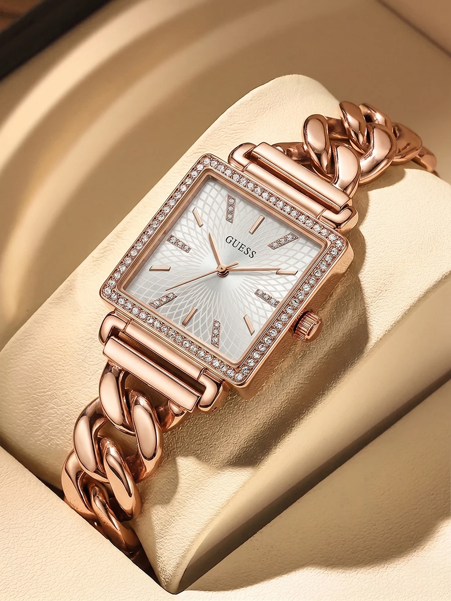 Reloj de pulsera GUESS Vanity para mujer W1030L4, reloj de pulsera de cuarzo de acero inoxidable con esfera cuadrada de oro rosa de lujo para mujer
