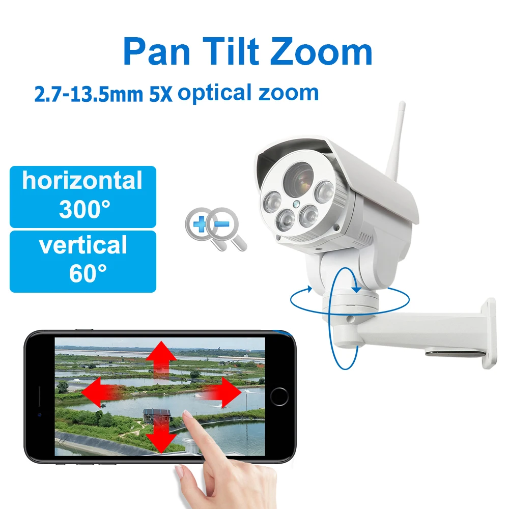 Outdoor Weatherproof WiFi IP Camera HD 5MP 5X Optical Pan Tilt Zoom CamHi PTZ Wireless Network Cameras, SD Card Support