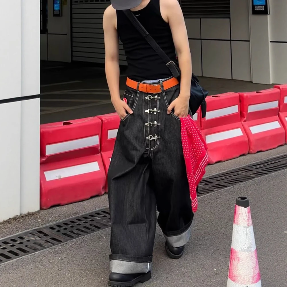 TWOTWINSTYLE Black Spliced Button Basics Trousers Female High Waist Loose American Retro Women's Wide Leg Pants Summer Style New