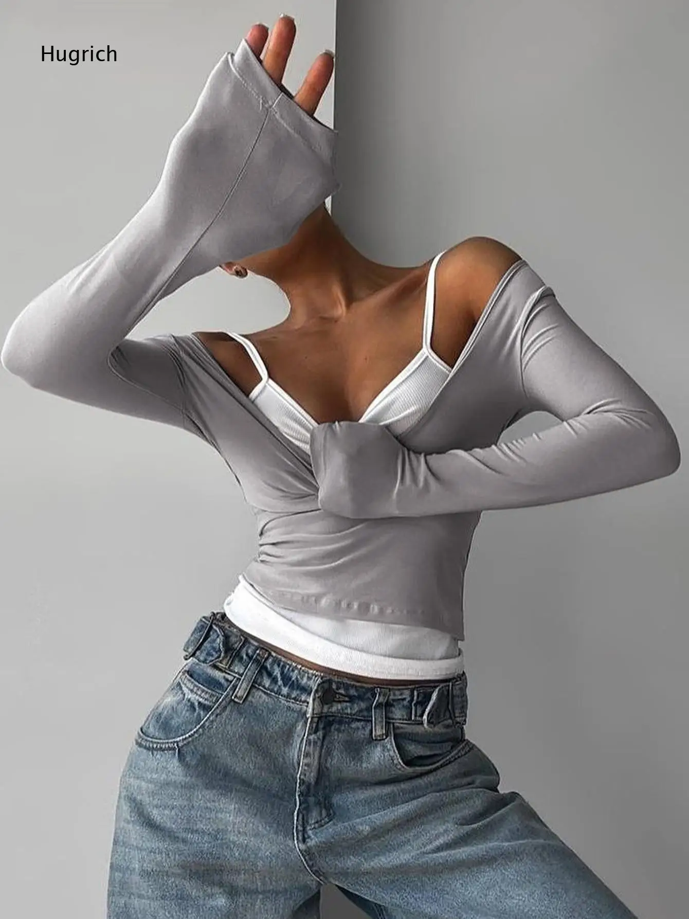 Layered Crop Top Slant Off Shoulder Long Sleeve Shirt Built-In White Slim Short Tee for Daily Club Street Fashion Wear
