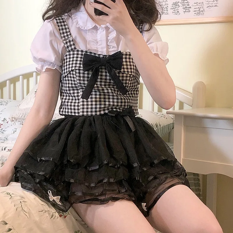 Karrram-minifaldas de pastel de Lolita para niñas, faldas góticas japonesas Harajuku, dulce vestido de baile negro Kawaii, faldas cortas de encaje de tul Jk