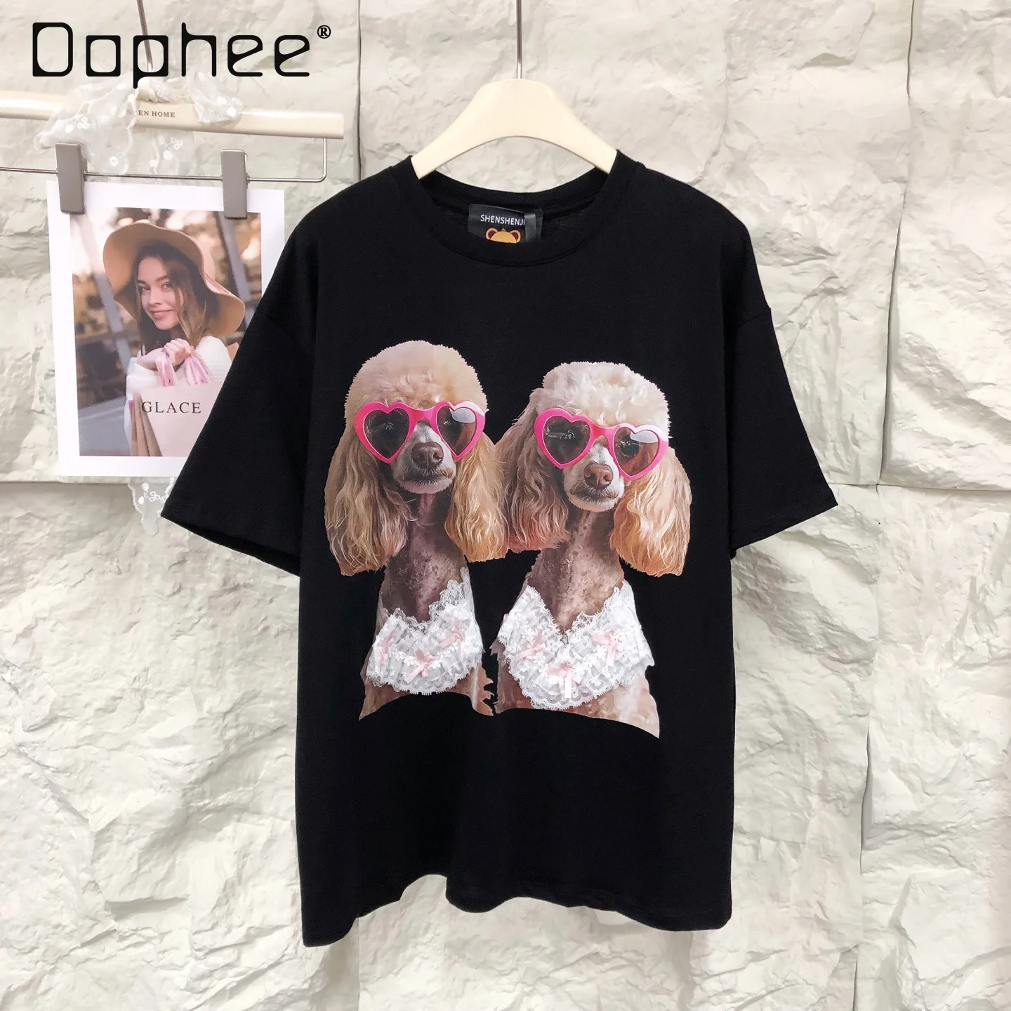 

Sweet and Fashionable Versatile Lace Stitching Cute Puppy Print Pure Cotton Summer Loose Short-sleeved T-shirt Women Tops