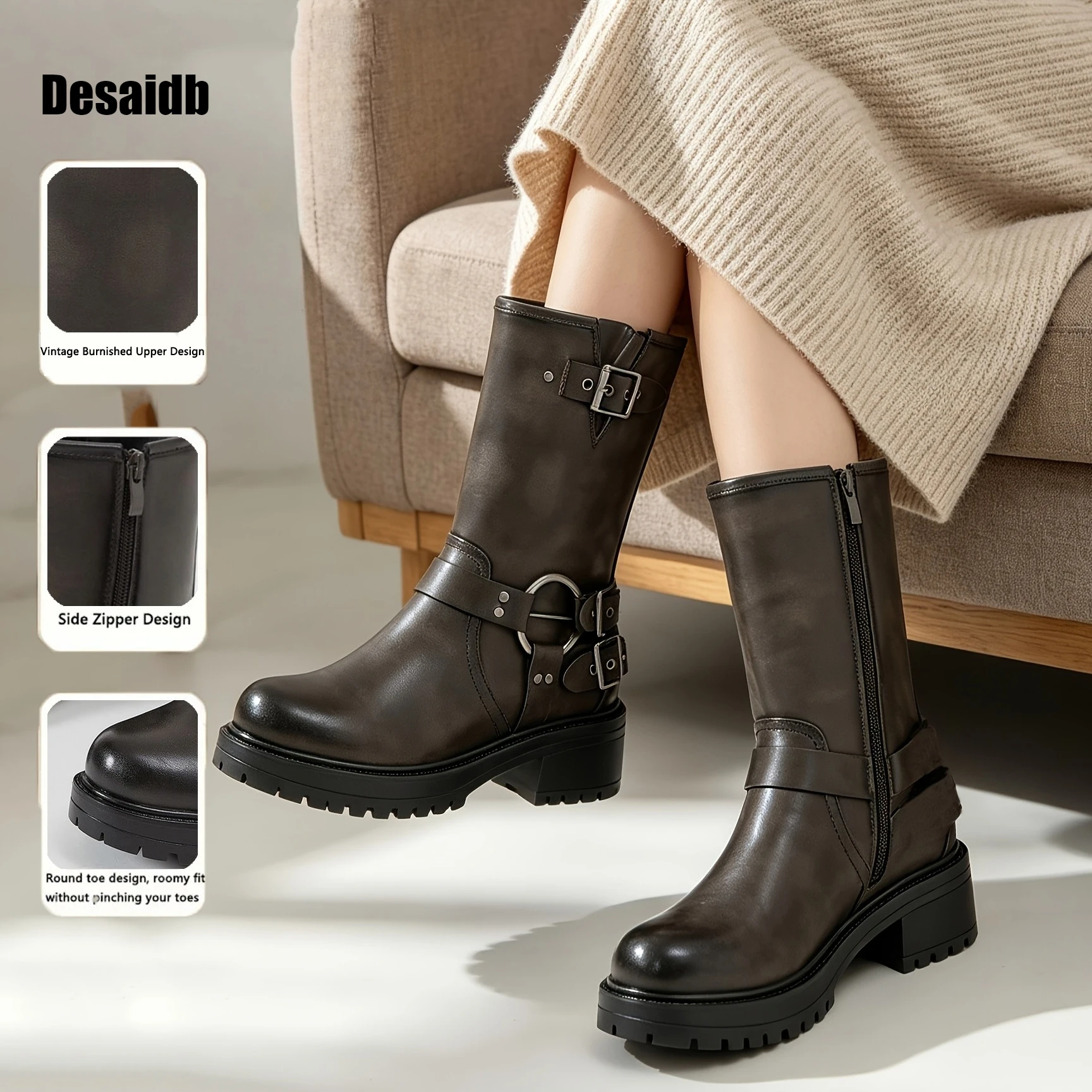 Desaidb Women's Autumn Winter Vintage Distressed Mid-Calf Riding Boots, Side Zipper, Chunky Block Heel, Thick Lug Sole