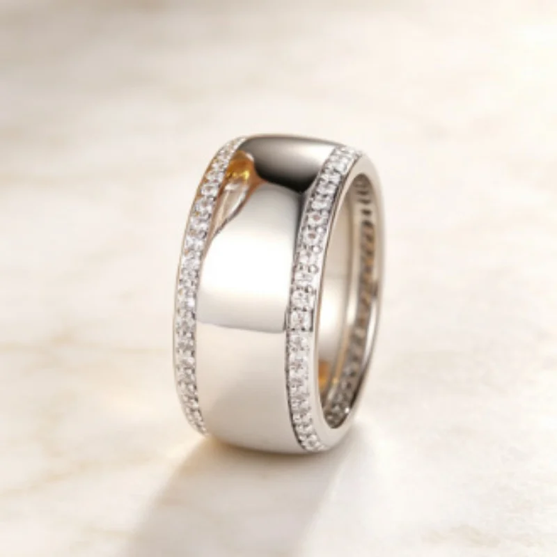 European and American Versatile Double Sided Full Zircon Smooth Ring Light Luxury Bright Face Wide Circle Zircon Accessory