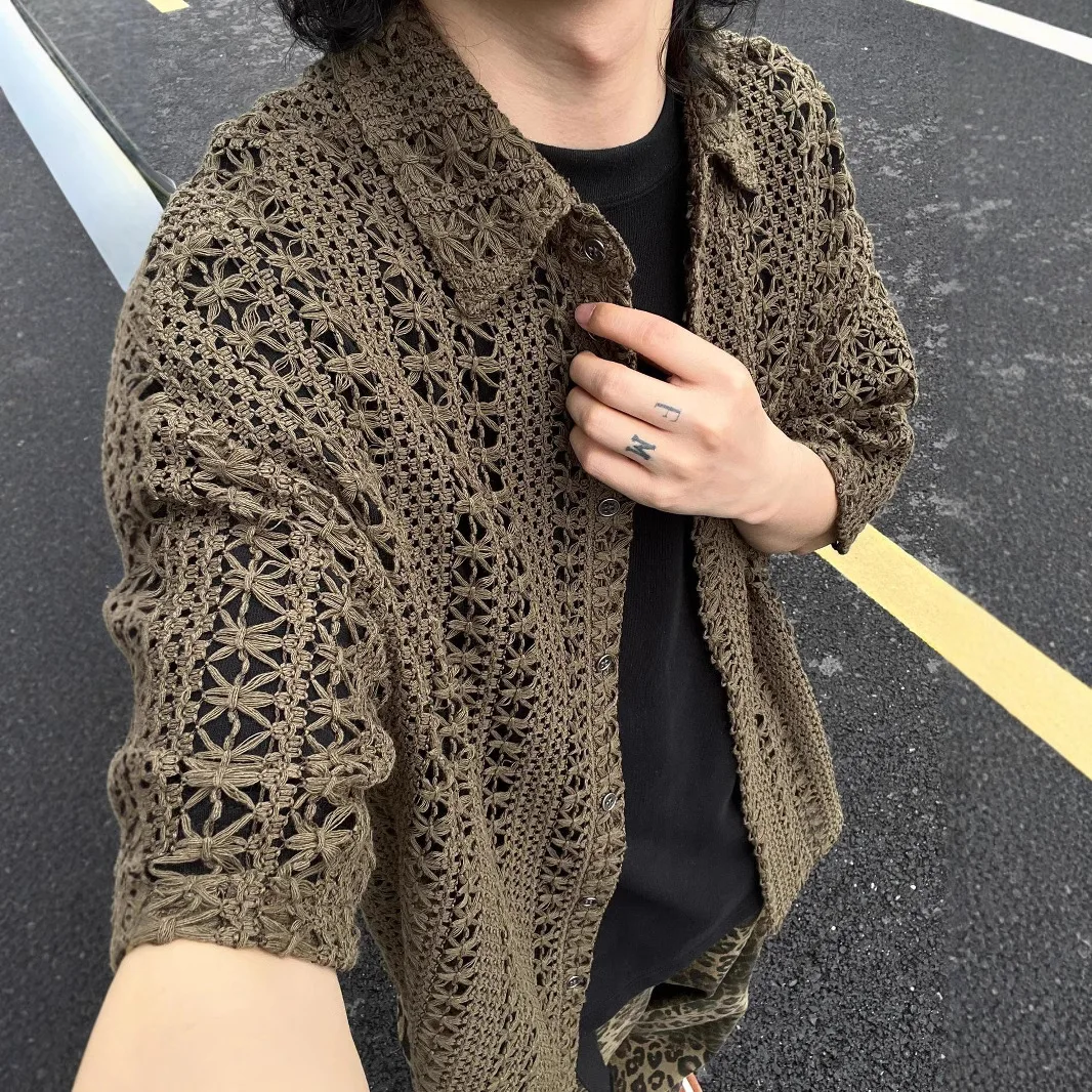 Summer Casual Hollow Out Short Sleeve Shirt For Men Loose Versatile Thin Collared Shirt Jacket Trendy Korean Style Tops