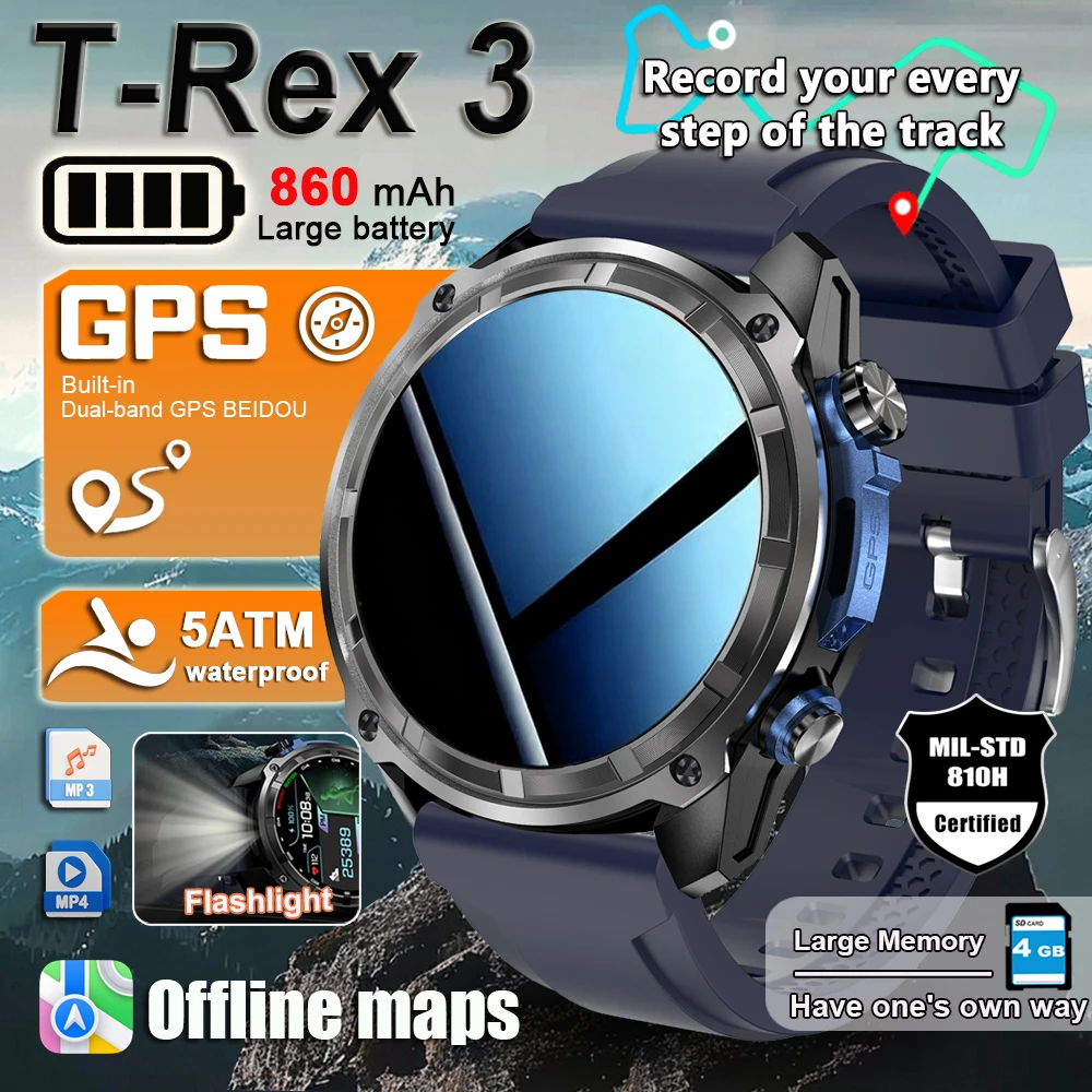 

2025 New T-Rex Tactical Smartwatch Built-in GPS Offline Map 4GB Memory 5ATM IP69K Swimming Waterproof Men Militray Smart Bracele