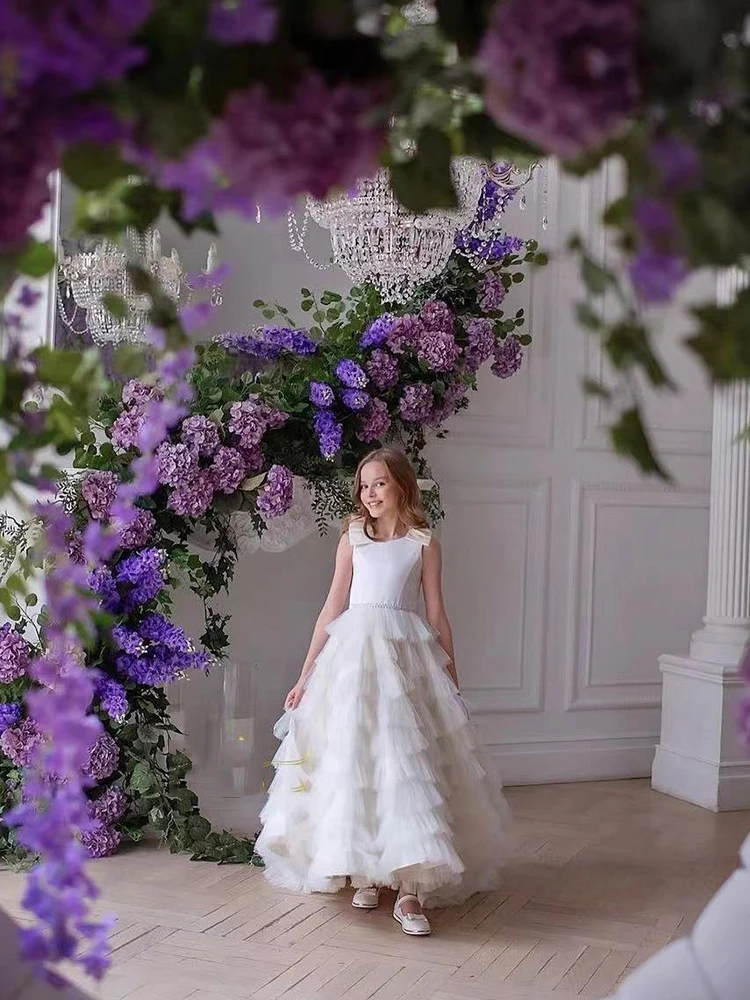 Abiti da ballo per la prima comunione Tulle senza maniche Perline Perle con fiocchi Abito da ragazza di fiori per matrimoni Abiti da festa di compleanno per bambini