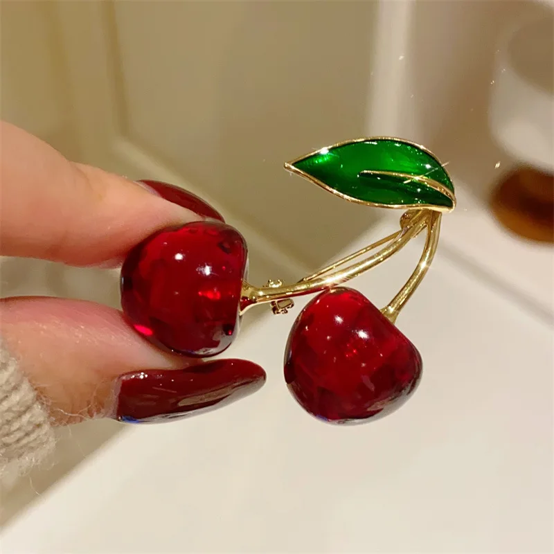 Fashion Red Enamel Cherry Brooches For Women Cute Sweet Fruits Brooch Clothing Bakcpack Pins Casual Office Party Jewelry Gifts