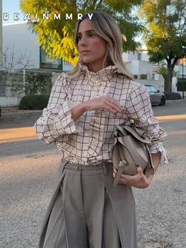 Casual ผู้หญิงลายสก๊อตครึ่งคอเสื้อแฟชั่นเดี่ยวแขนยาว Chic Tops 2025 ฤดูใบไม้ผลิฤดูร้อนหญิง Street เสื้อ