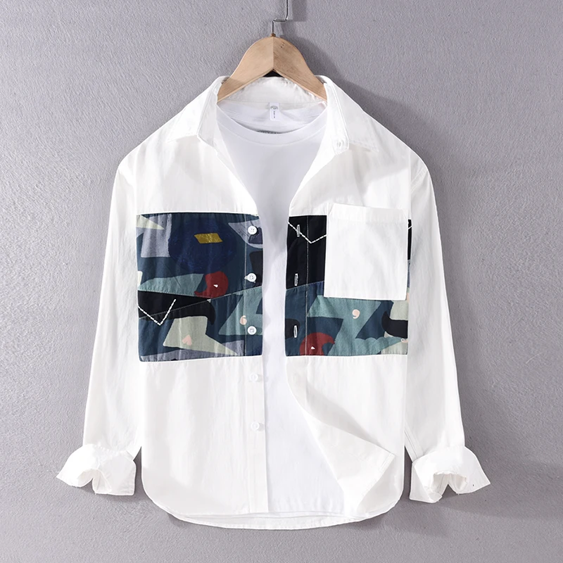 

New Designer French Quality Long-sleeve Patchwork Cotton Brand Shirts For Men Fashion Comfortable Large Tops Clothing Masculina