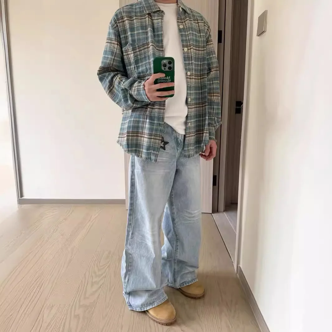 Firmranch Ice Blue Washed Jeans Messy Cat Whiskers Baggy Retro Casual Jeans For Men Women Couple Loose Straight Denim Pants