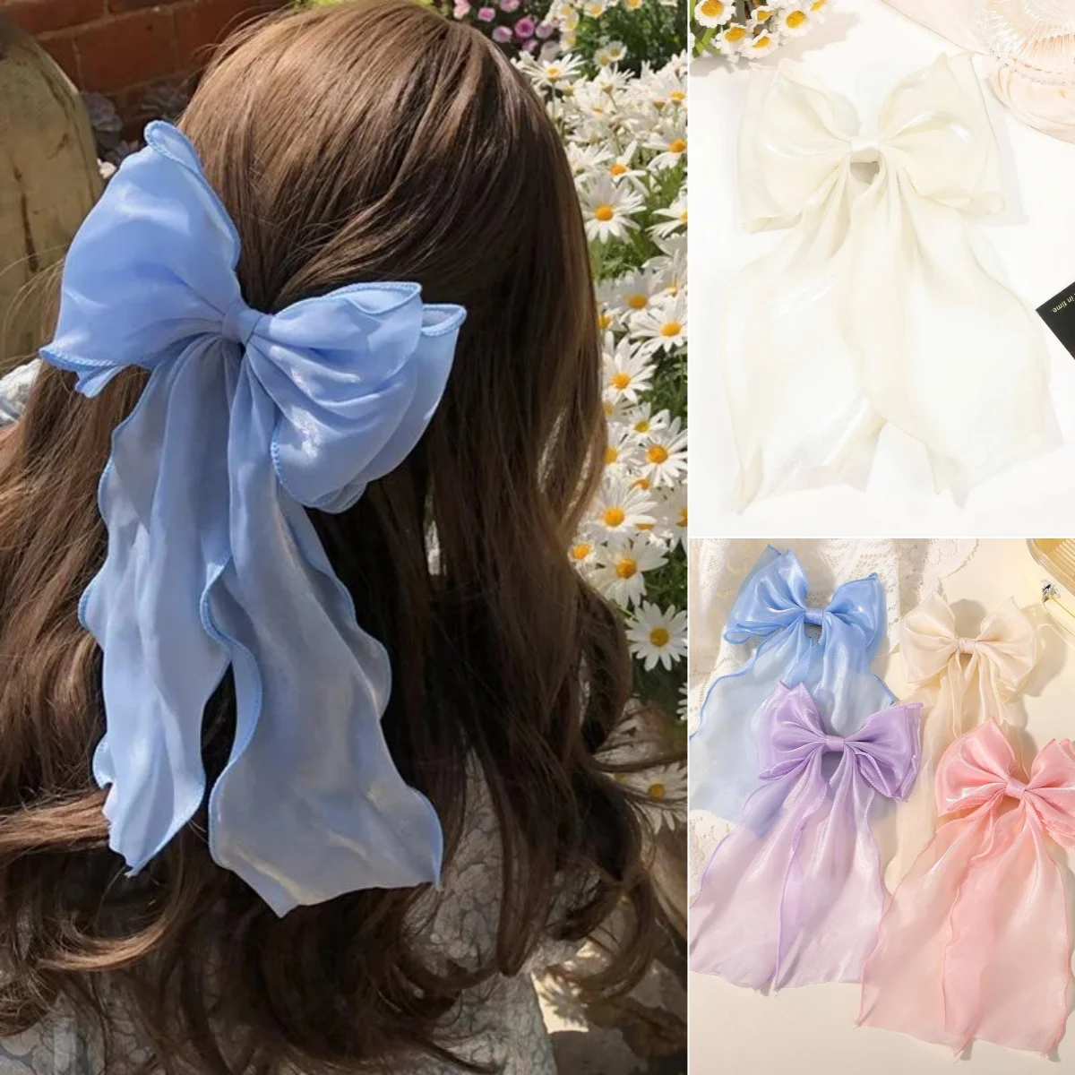 New Women French style Sweet Pink Purple Chiffon Bow Ribbon Hair Clip for Girlfriend Ponytail Clip Hair Accessory Gift