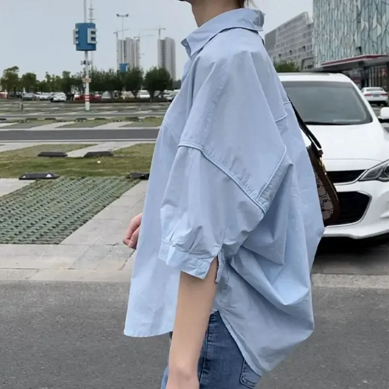 

Solid Shirts for Women Spring Summer Half Sleeve All-match Single Breasted Casual College Soft Chic Ulzzang Turn-down Collar Ins