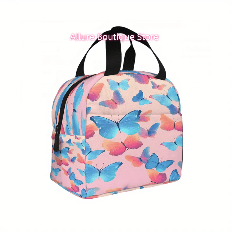 1pc Pink Butterfly Print Lunch Bag for Adults - Small Square -Friendly Lunch Box Holder with Sturdy Handle, Soft Container Carri