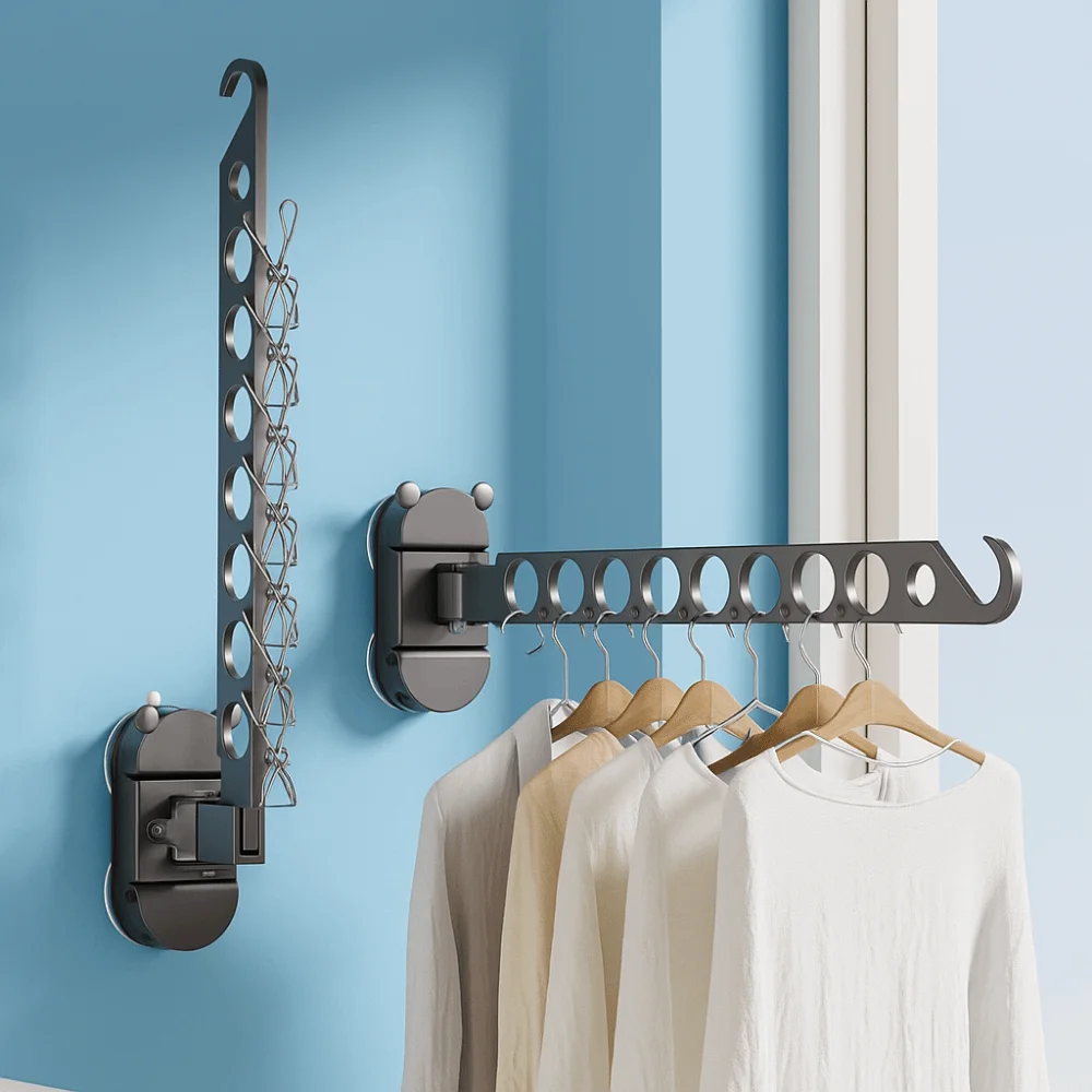

8 Holes Suction Cup Clothes Drying Rack Space Aluminum Wall Mounted Multi-clip Hangers Invisible Space Saving