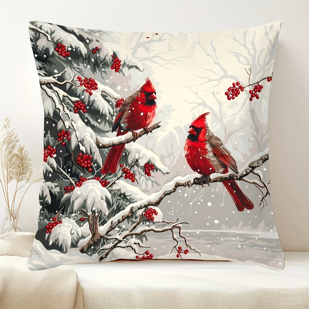 1pc Winter Cardinal Birds Double‑Sided Print Pillow Cover, Cushion Case for Sofa Bedroom, Insert Not Included, Xmas Home Decor