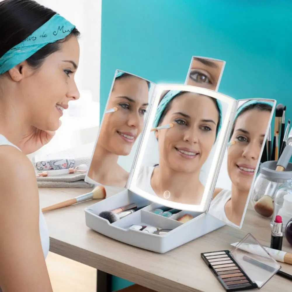 Tri-Fold Foldable Light-up Mirror with Storage Tray - 4 Compartments - 5X Magnifying - Perfect for Travel and Storage