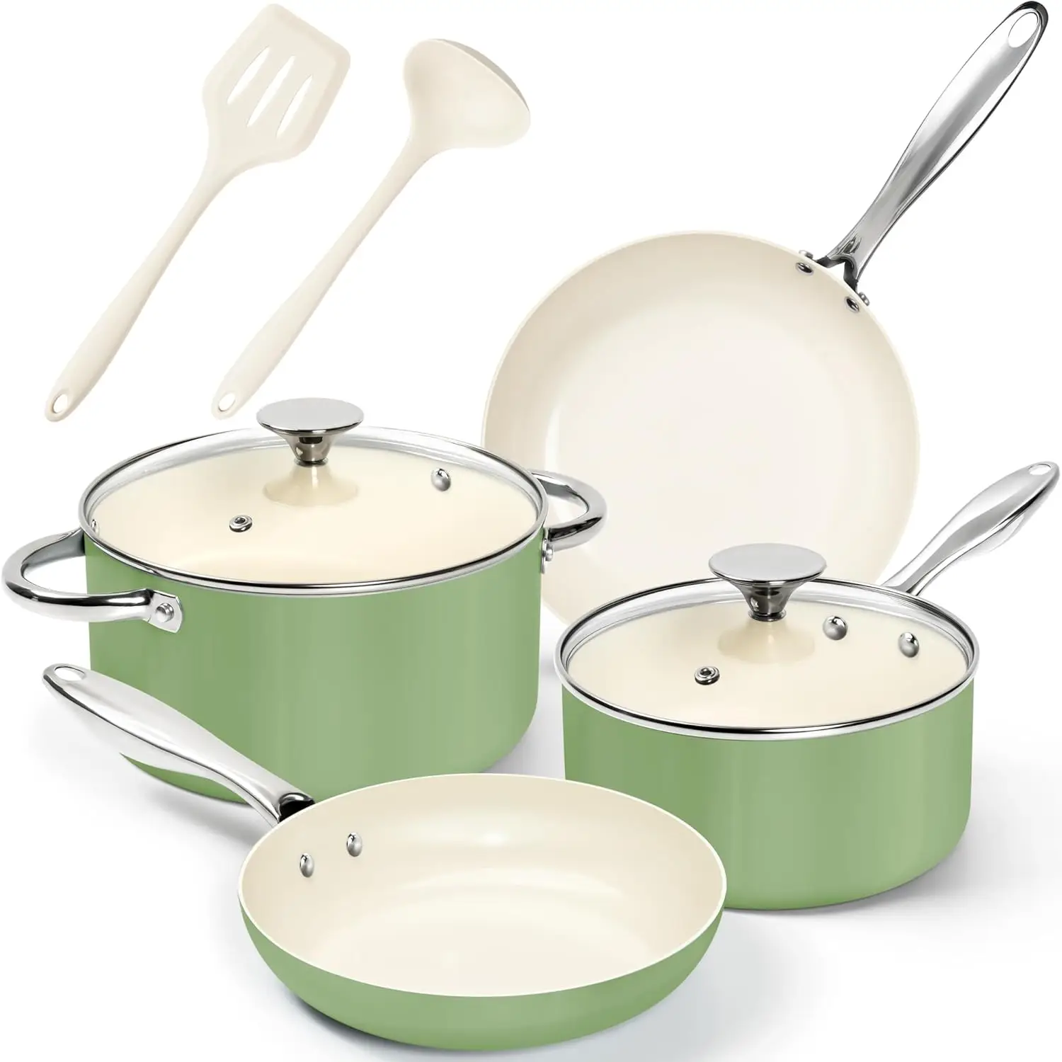 

8 Piece Nonstick Cookware Set Ceramic Coating Ergonomic Handle Dishwasher Safe Induction Compatible