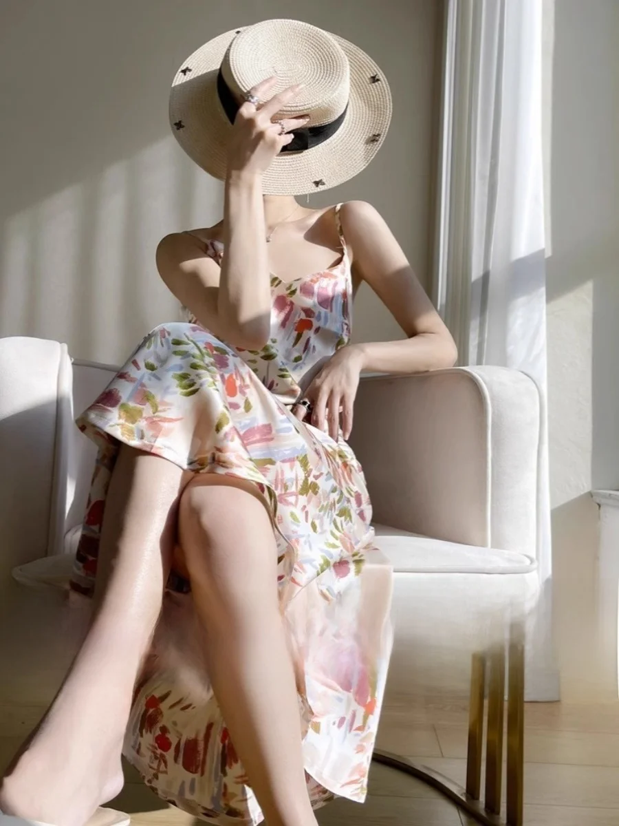 Ele Silk Long Dr Mujer Verano Base Satén Ropa interior V-Ne Vestido acampanado Cintura alta Vintage Sle Una pieza Dr