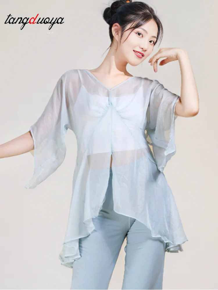 Classical Dance Top Women Flutter Short Sleeve Guaze Mesh T-Shirt Blouse Elegant Clothes Stage Practice Performance Costumes