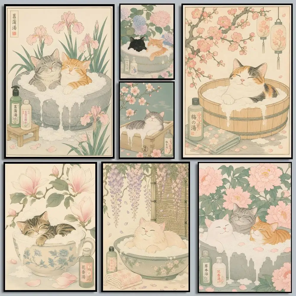 Japanese bath cat floral ukiyo-e collage Poster HD Waterproof Self-Adhesive For Living Room Gift Bedroom Hallway Wall Decor