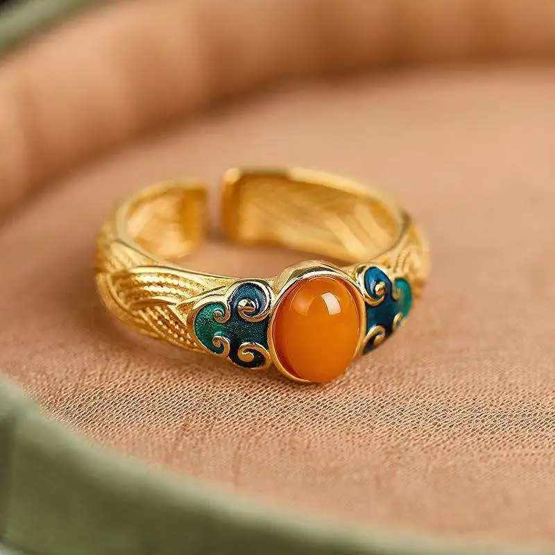 Silver Alloy Ancient Method Enamel Open Ring for Women Holiday Gift Artificial Honey Wax Cloud Pattern Court Sle Jewelry