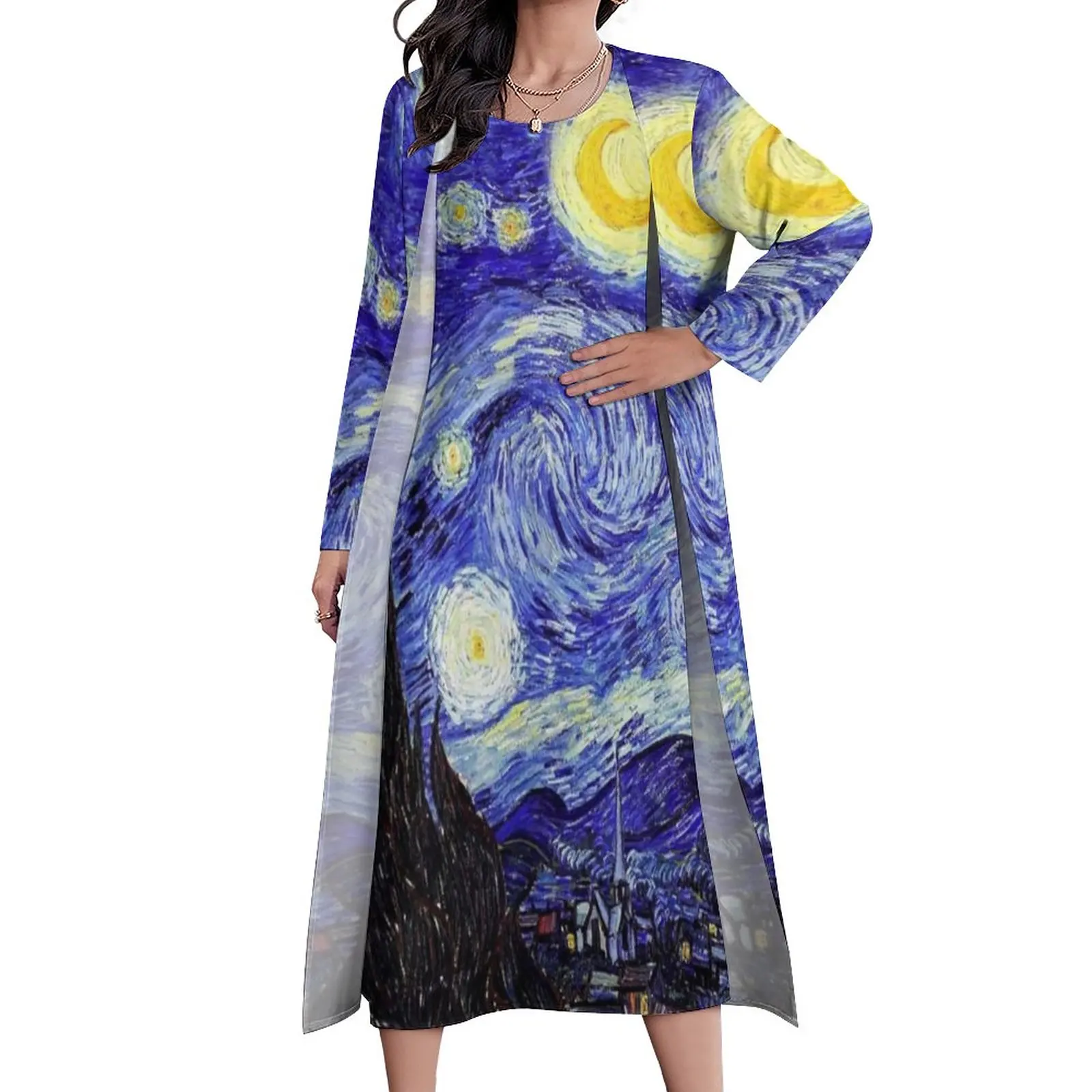 Van Gogh Mountains Dress Two Piece Starry Night Mountain Inspiration Street Style Casual Long Dresses Women Sexy Maxi Dress Gift