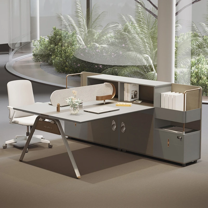 

A minimalist modern office desk for finance. Two face-to-face staff workstations, accounting