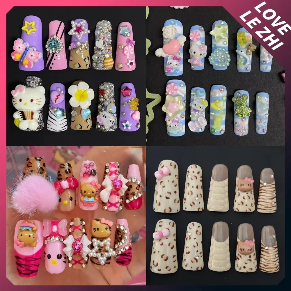 

Sanrioed Handmade Press On Nails Hello Kittys Short Duck Bill Shape Fake Nail Y2K French Cartoon Anime False Full Cover Nails