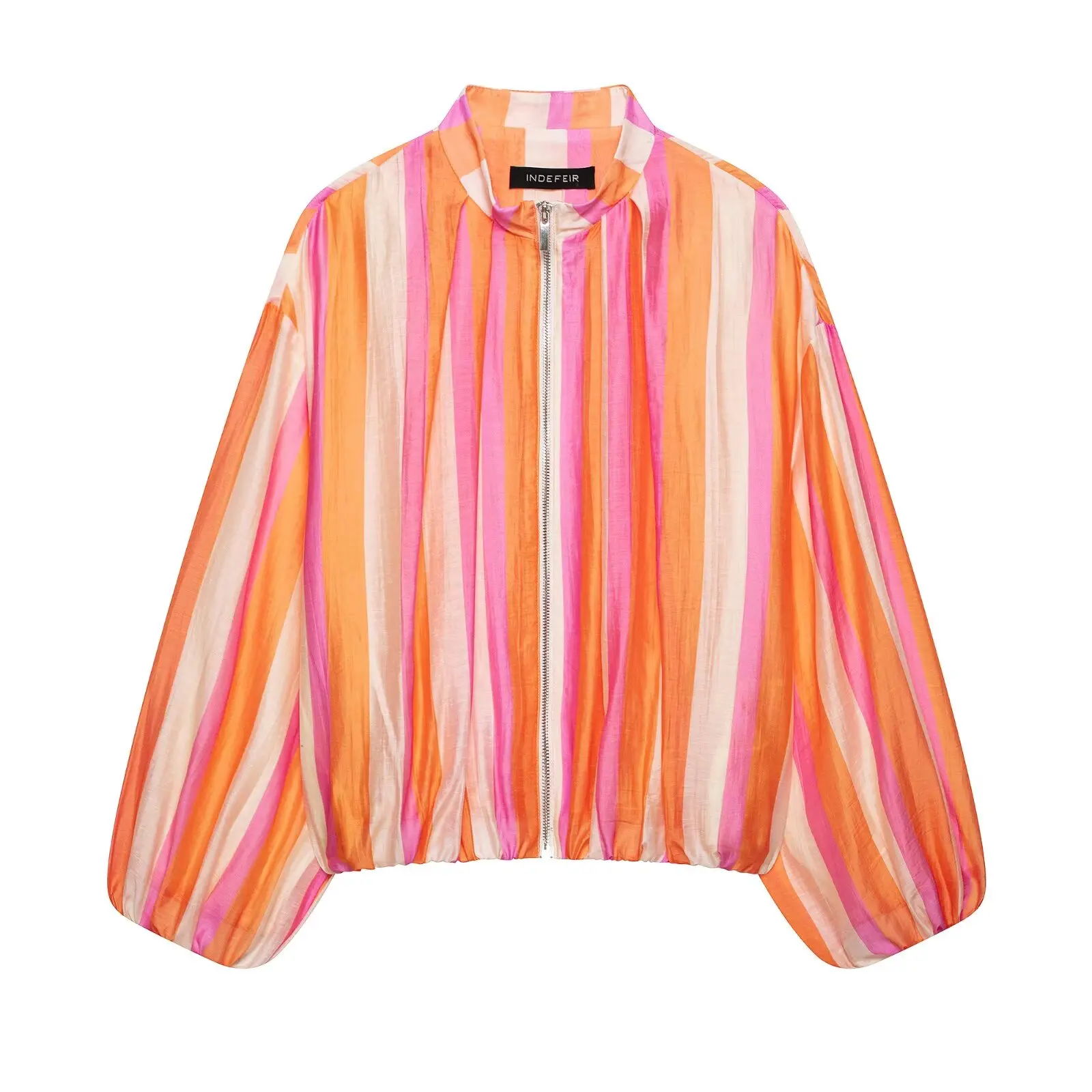 Willshela Women Fashion Striped Pleated Front Zipper Bomber Jackets Vintage O-Neck Long Sleeves Female Chic Lady Outfits Coats