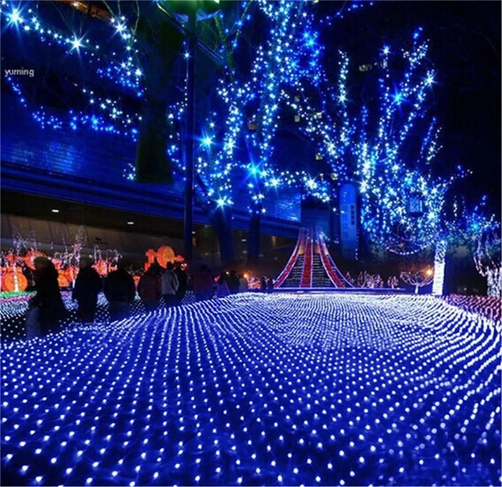 LED Net Cortina Malha Fada Corda Luz, Guirlanda De Natal, Decoração De Jardim, Festa De Casamento, Ano Novo, Ao Ar Livre, UE 220V, 1.5x1.5m