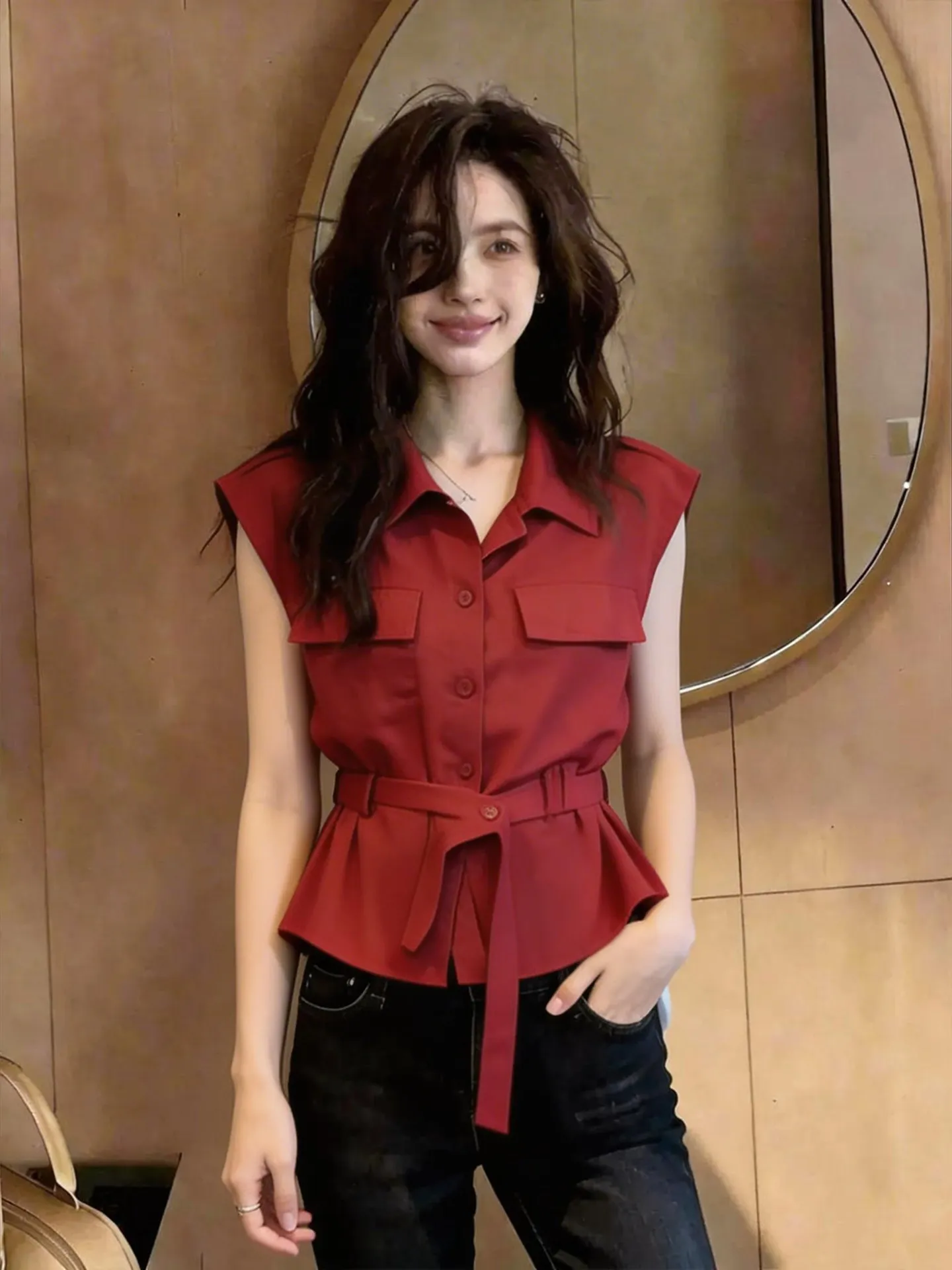 

Elegant Red Sleeveless Neck Shirt Women's Waist-Cinching Belted High Waist Commute Fashion Top Korean Style Straight Cut