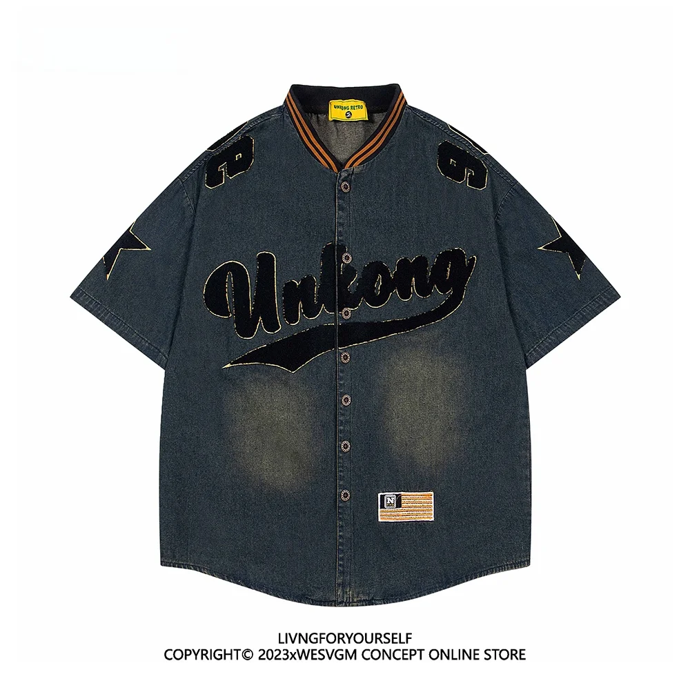 

WESVGM Summer American Towel Embroidered Letter Loose Men's Denim ort Sve irt Street Sle V-Ne Cotton Outerwear