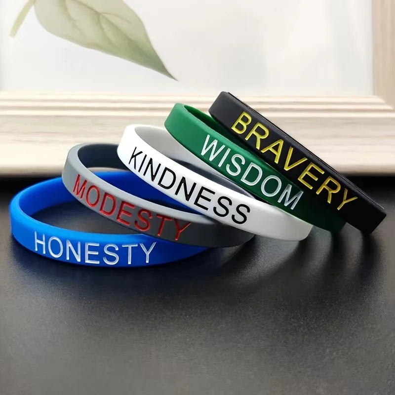 5Pcs Inspirational Honesty Modesty Kindness Wisdom Bravery Sport Silicone Wristband Rubber Bracelet Festival Gift For Men Women