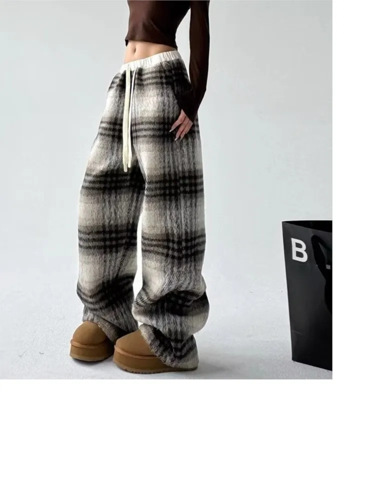 

2025 Winter Autumn Casual Pantalon Femme Retro Straight Trouser Commuting Contrast Color Plaid Leace-up Simple Style Office Home