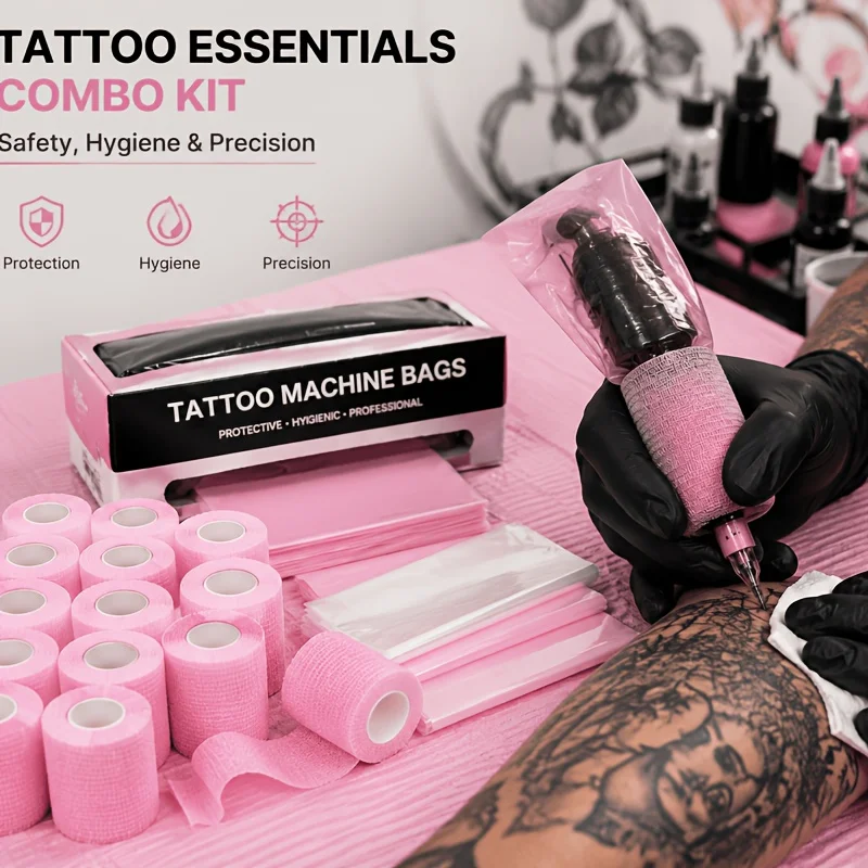 Tattoo Essentials Kit 4pcs Pink & Black Cohesive Bandages 100pcs Machine Bags, Self-Adhesive, Breathable