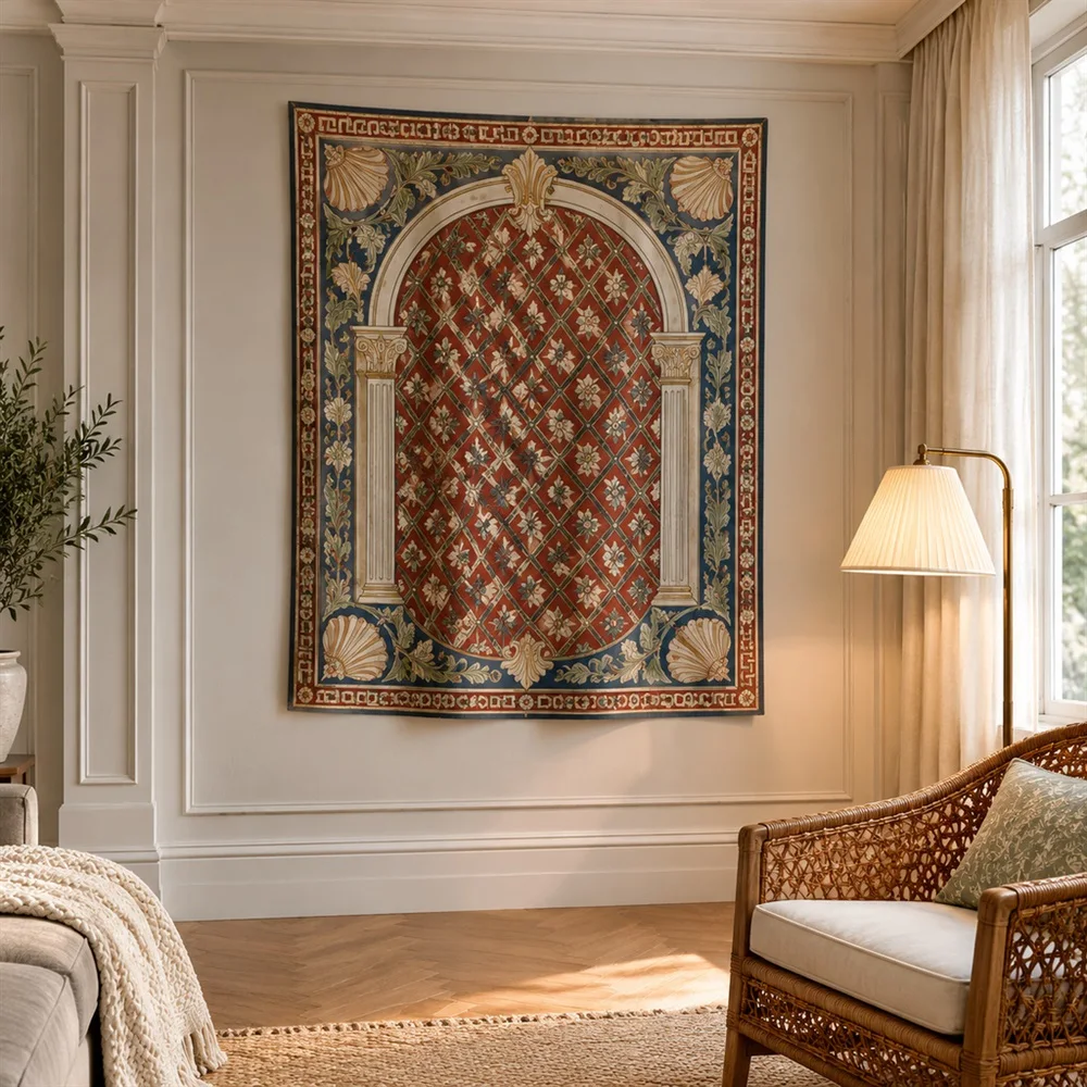 VIKAMA Diamond Trellis Pattern Framed Panel Tapestry Wall Hanging, Neoclassical Wall Decor Tapestries for Nursery Kids Room