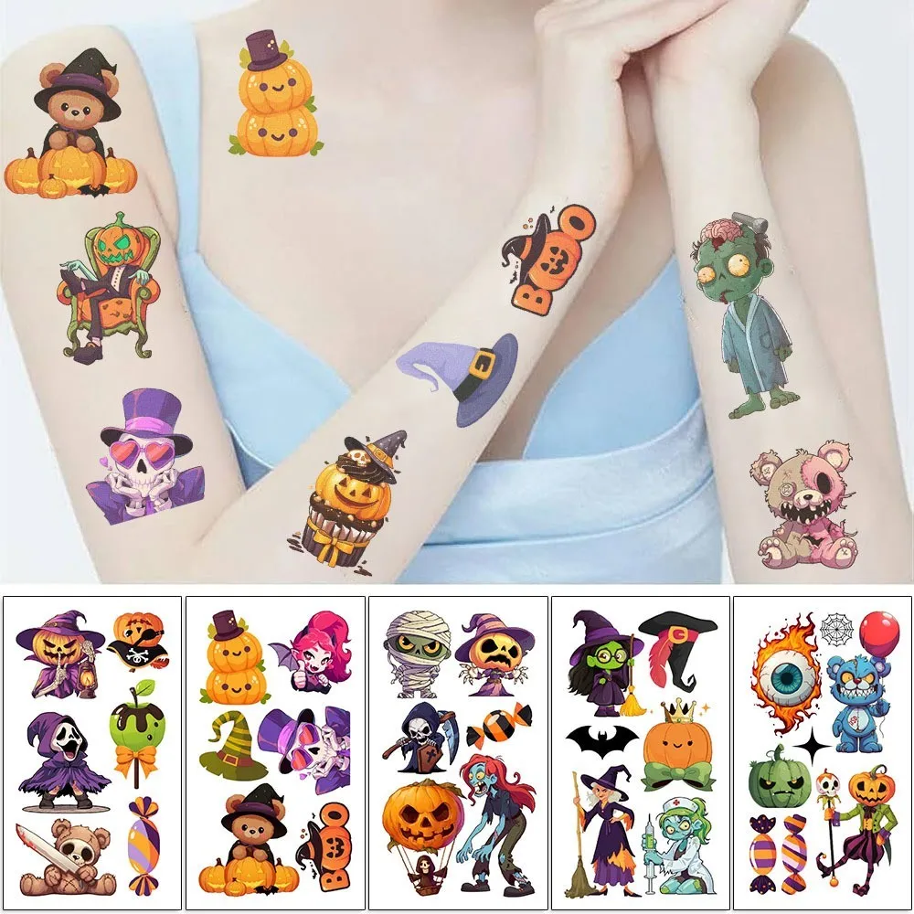 10Pcs Halloween Cute Pumpkin Candy Temporary Tattoo Stickers Bat Horror Ghost  Tattoos Stickers Waterproof Funny For Kids Gift