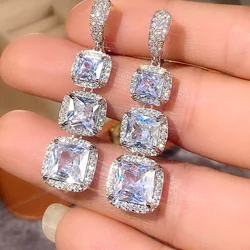 New Luxury Square White Green Zircon Long Tassel Drop Earring for Women Fashion 925 Sterling  Silver Wedding Engagement Jewelry