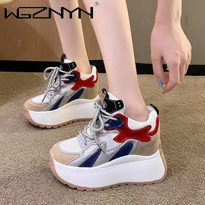 Kobiety Casual Leather Sneaker Autumn Lace up 10CM High Platform Shoes Thick Sole Sport Dad Shoes Woman Sneakers Chaussure Femme