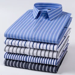 New Quality Concealed Button Men Shirt Long Sleeves Dress Shirts For Men Slim Fit Camisa Social Business Blouse Stripe Shirt 4XL
