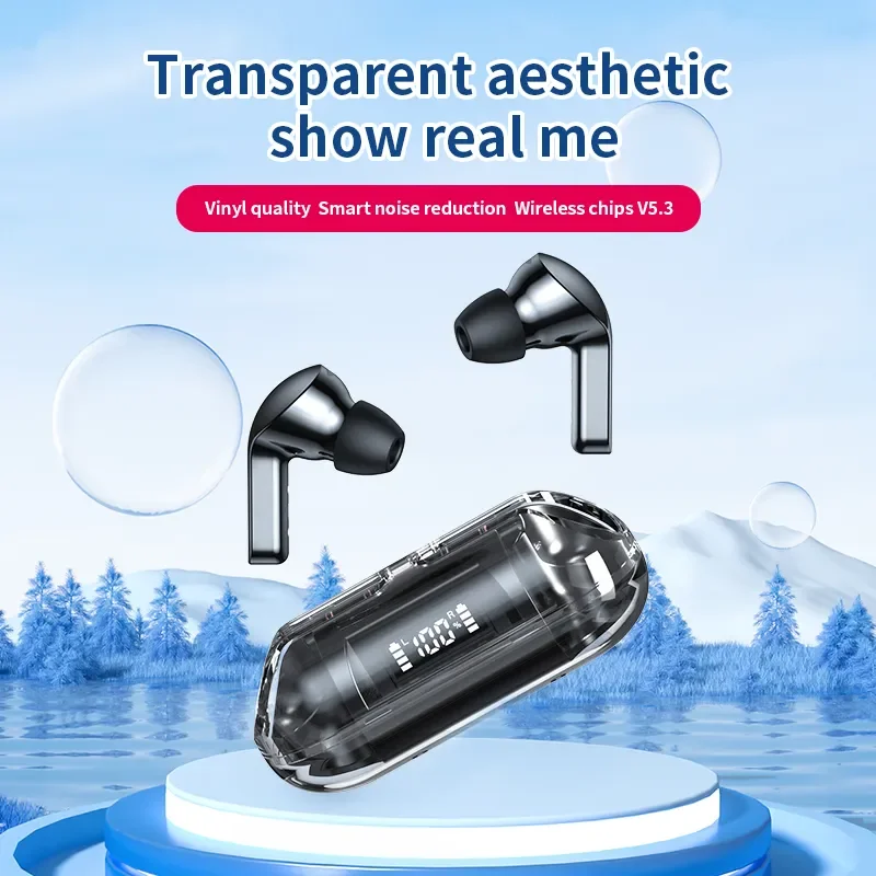 TM20 Transparent Bluetooth 5.3 Earphone Wireless Headphones LED Power Display Noise Reduction Sports Music Game Headset with Mic