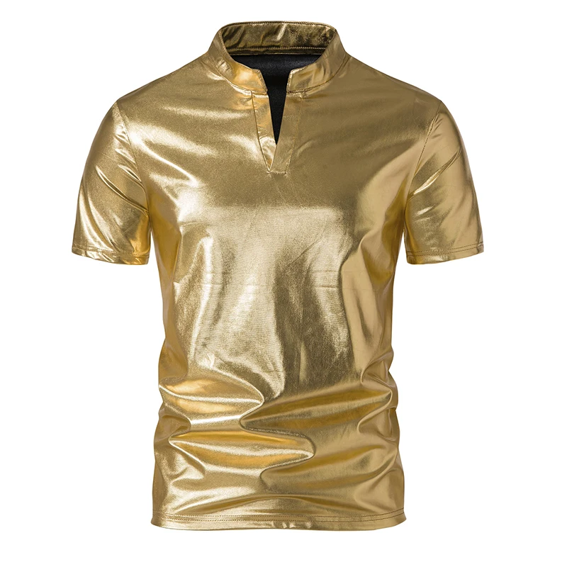 

Mens Hipster Glossy Gold Short Sleeve Polo Shirt Henry Collar 70s Disco Nightclub Party T-Shirts