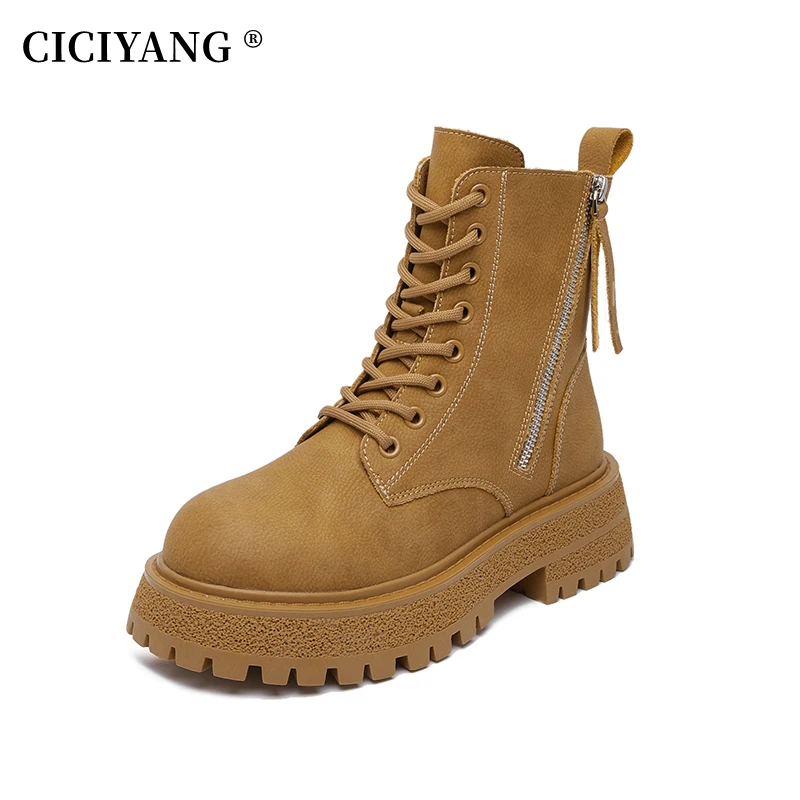 

CICIYANG Genuine Leather Snow Boots Winter Plus Fur Women 2024 Retro British Style Large Size 42 43 All-Match Autumn Ankle Boots