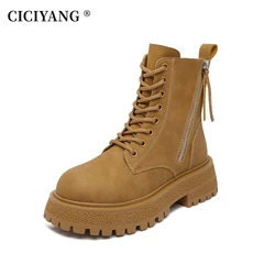 CICIYANG Genuine Leather Snow Boots Winter Plus Fur Women 2024 Retro British Style Large Size 42 43 All-Match Autumn Ankle Boots