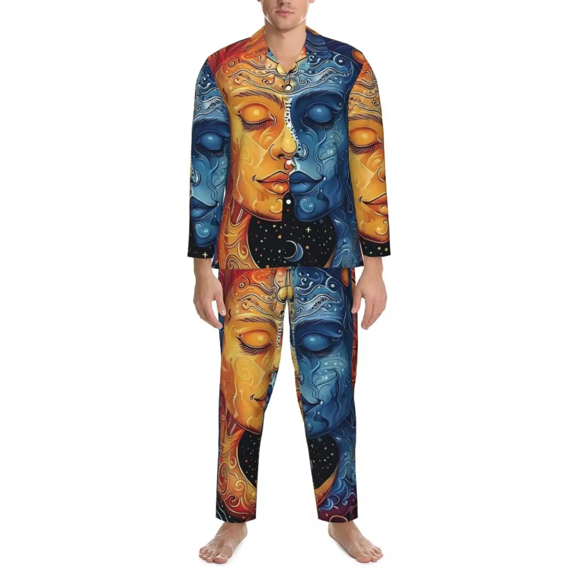 Conjunto de pijamas psicodélicos de sol e lua, roupa de dormir macia masculina de manga comprida, quarto vintage, 2 peças, roupa de casa plus size