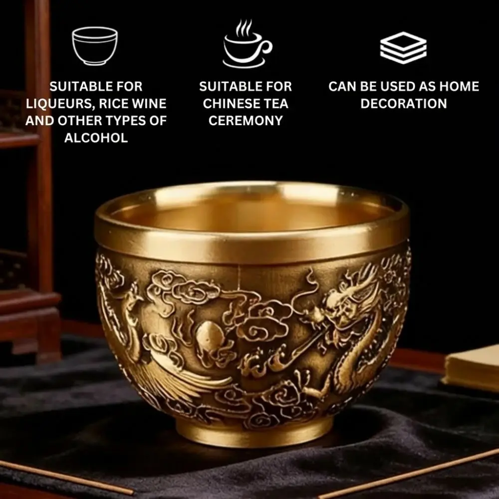 Vintage Retro Dragon Phoenix Cup Gold Traditional Hundred Blessings Cup Desktop Ornament Feng Shui Millet Cylinder Home Decor