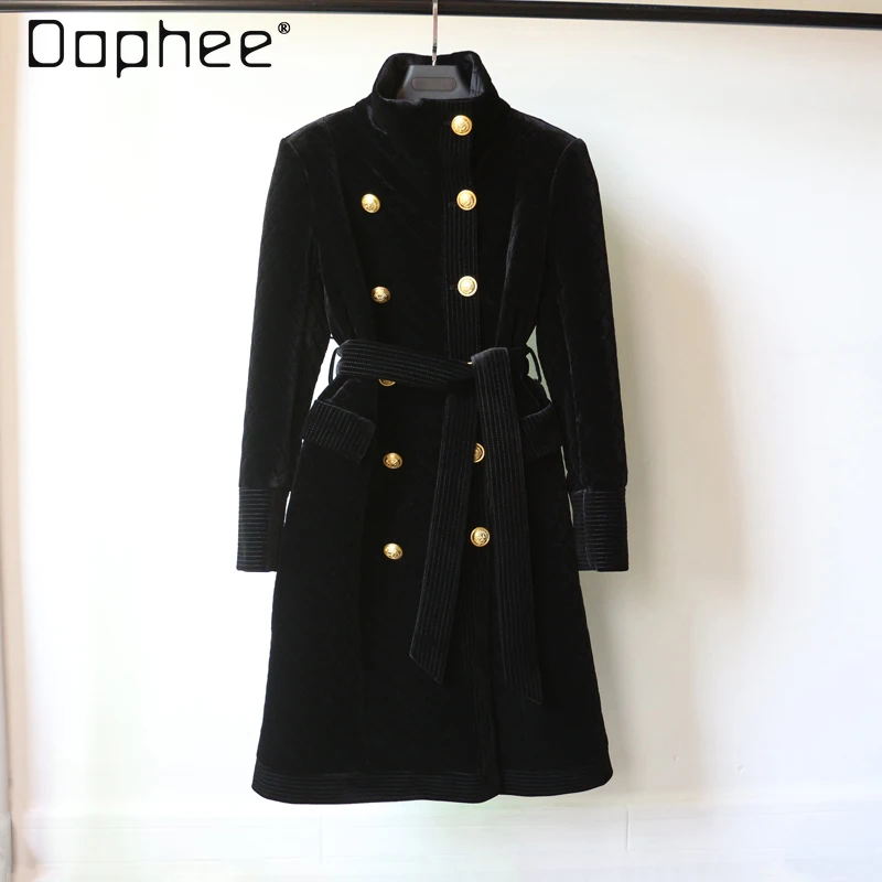 

Европейская станция, элитное модное тонкое двубортное стеганое утолщенное бархатное пальто средней длины для женщин, куртки в стиле Хепберн