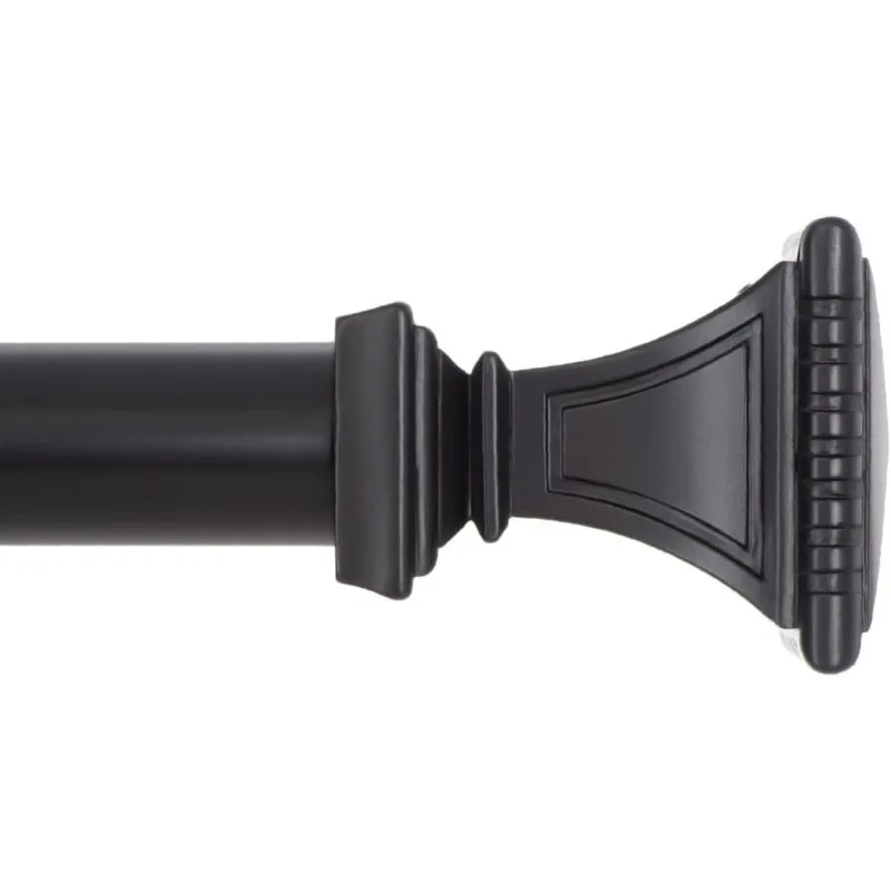 Decorative Window Curtain Rod - Carved Square Finials, 1 1/8 in Rod, 28 to 48 in. Black