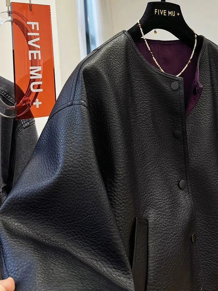 Luxury High-end Patchwork Leather Jacket Women's Spring Autumn PU Leather Coat Vintage O-neck Button Outerwear Long-sleeved Top